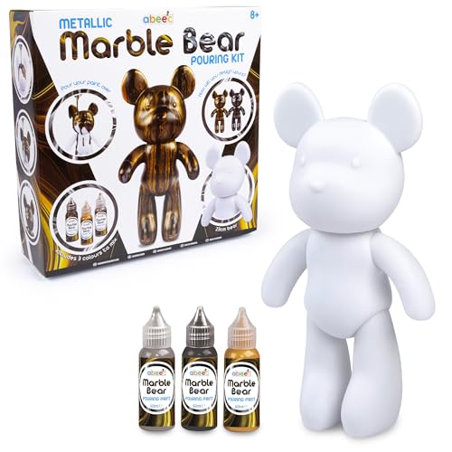 abeec Metallic Marble Bear Pouring Kit | DIY Acrylic Paint Marbling Set for Kids Age 8+ | Creative Art Activity with 23cm Bear Metallic Paints and Tools | Unique Gift for Birthdays Parties