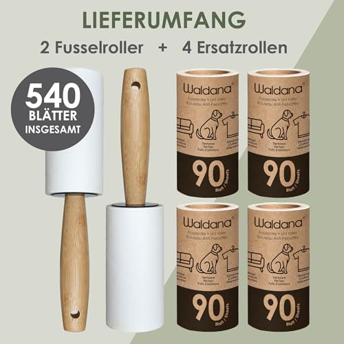 Waldana Fusselrolle - 6 Rollen je 90 Blatt (540 Blätter) mit 2 Bambusgriff Abrollern I Fusselrolle Tierhaare Kleidung Flusenroller Lint Roller Kleiderroller Tierhaar Katzenhaar Hundehaar