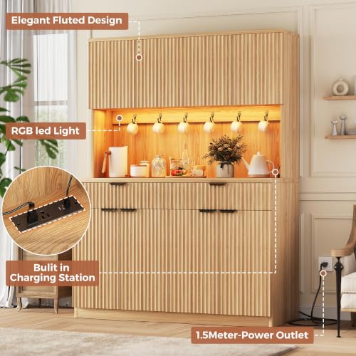 Image of Fluted Kitchen Pantry Storage Cabinet with Charging Station & LED Lights,71 inch Tall Kitchen Hutch with Microwave Stand, Adjustable Shelves,Storage Doors for Dining Room Living Room (Natural, 47*15.7*71)