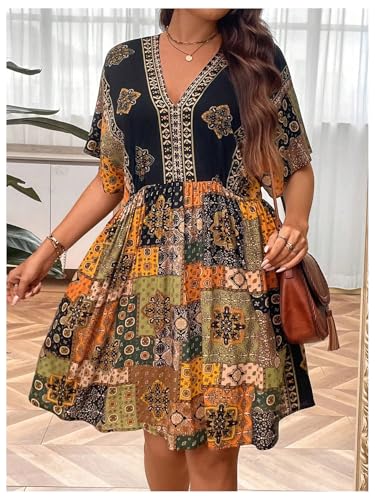 Image of MakeMeChic Women's Plus Size Boho Dress Half Sleeve Flowy Sundress V Neck Summer Short Dresses
