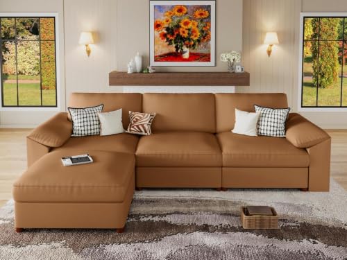 Image of EASE MOOSE Leather Sectional Couch, Oversized Modular Sectional Sofas, Wide Deep Seat Modular Couch, Scratch Resistant Faux Leather Material, L Shaped Sofa for Big Spaces, Brown