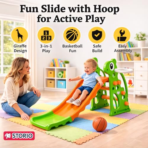 Image of Storio Giraffe Slide for Kids with Basketball Hoop | Indoor Outdoor Toddler Climber Playset for 2+ Years | Safe & Sturdy Plastic Garden Slide Toy for Boys & Girls - Green Orange