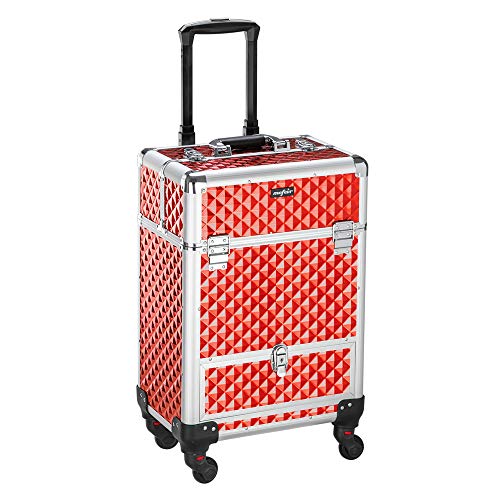 mefeir Aluminum Rolling Makeup Train Case, Portable Makeup Organizer Suitcase, Cosmetic Storage Box, Travel Beauty Luggage Trolley Lockable w/4 Removable Wheels & 1 Sliding Drawer (Red)