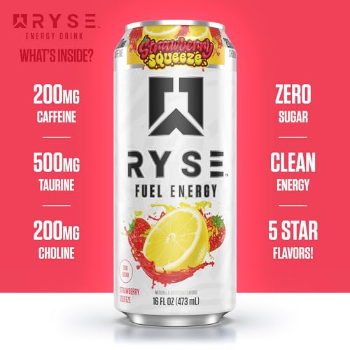 Image of RYSE Fuel Energy Drink - Strawberry Squeeze - Sugar Free, Gluten Free & Vegan - 200mg Natural Caffeine, Taurine & Choline for Focus & Energy - No Artificial Colors - 16 fl oz Cans (12-Pack)