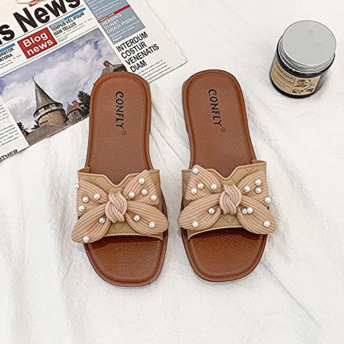 XUNHOU Zapatillas de Verano de tacón Plano y cómodas,Pantuflas Planas Bowknot Fashion,Pantuflas Planas De Fondo Suave-Khaki_37 UE,Chanclas de Adulto para Mujer