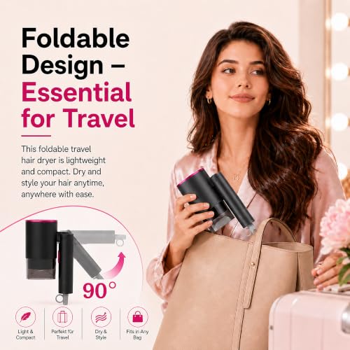 Seche cheveux de voyage pliable, 2000W seche cheveux professionnel à séchage rapide avec touches air chaud/froid, seche cheveux pliable pour maison et salon – vue 3