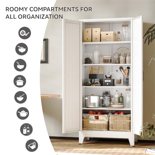 Image of COFaR 71 inch White Pantry Cabinet with Vertical-Groove Doors and Shelves