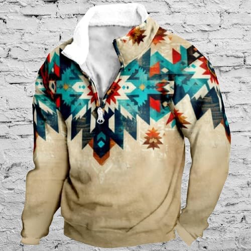 Aztec Ethnic Hoodies For Men Tribe Graphic 1/4 Zip Collared Pullover Vintage Big and Tall Casual Sweatshirts - Image 2