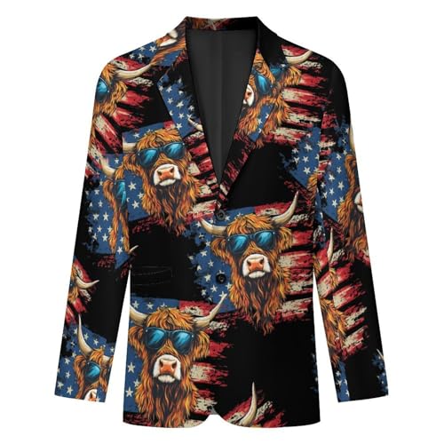Highland Cow Wearing Glasses U.S. Flag Casual Men's Blazers Two Button Lapel Suits Jacket Lightweight Sport Coats4