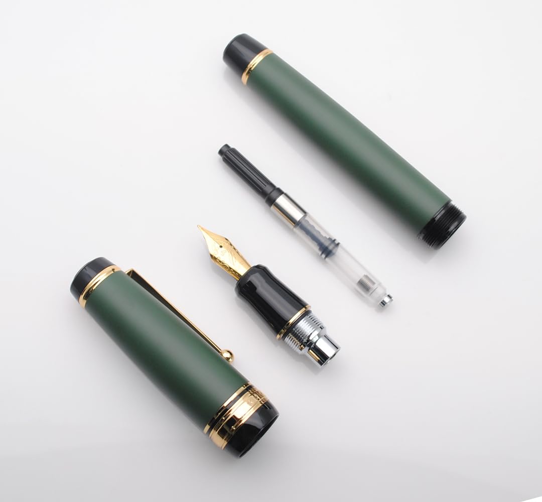 Ensemble de stylo-plume en métal à pointe moyenne 0,7 mm, avec convertisseur de recharge d'encre, 5 cartouches d'encre et coffret cadeau (pointe moyenne 0,7 mm, vert mat)