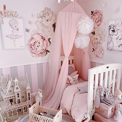 Image of Jolitac Princess Bed Canopy for Girls Room Decor Round Lace Mosquito Net Play Tent Reading Nook Canopies Yarn Girl Dome Netting Castle (Pink)