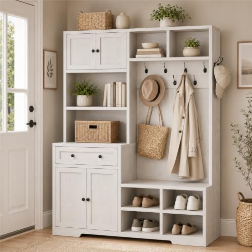 Einhomn 5-in-1 Hall Tree with Bench and Shoe Storage, 51″ W Entryway Organizer Coat Rack with 9 Hooks, 2 Storage Cabinets, Drawer, Open Cubbies for Mudroom, Hallway, Living Room, Rustic White