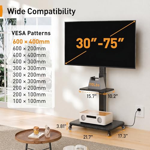 Image of Perlegear Mobile TV Stand with Power Outlet, Tilt & Swivel Rolling TV Stand for 32-75 inches TVs up to 110 lbs, 12 Height Adjustable Rolling TV Cart with Wheels, Max VESA 600x400mm, PGTVMC17
