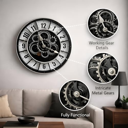 Image of Xtore Striking Industrial Moving Gear Wall Clock for Living Room, Office & Study Decor | Skeleton Dial Design with Exposed Gear Detailing & Bold Numeric Markers (Black & White, 45 cm)