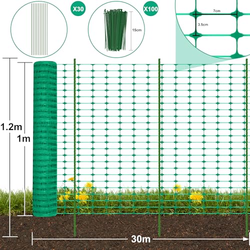 FIVMEN Begrenzungszaun 100cm Hoch Hühnerzaun Weidezaun Hundezaun inkl. 30 Pfähle und 100 Bindebänder Kunststoff Steckzaun Gartenzaun Mobiler Zaun, 30m