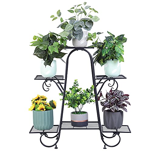 Zwarte 6-laags plantenpot houder binnen en buiten metalen plant display rack meerlaags terras tuin decoratie rek - Afbeelding 4