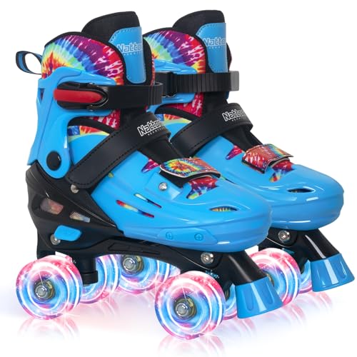 Nattork Roller Skates for Kids Boys, Tie-Dye Blue Quad Skates for Teens Youths Age 6-12 10 11 12, Size Adjustable with Light up Wheels - Birthday Gift for Indoor Outdoor Sports
