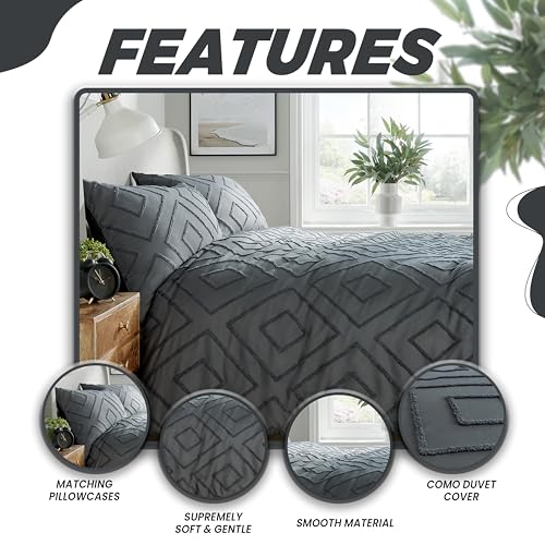 Olivia Rocco Como Duvet Cover Set Luxury Tufted Easy Care Bedding Quilt Cover Sets With Pillowcases, King Grey - Image 2