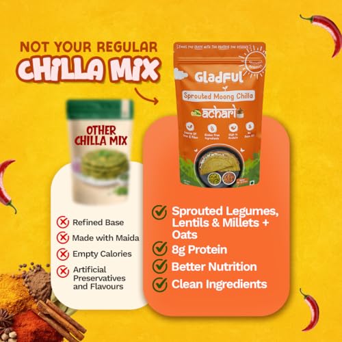 Image of Gladful Achari Chilla Mix - Low GI, Diabetes-Friendly & Gluten-Free - No Maida, Palm Oil & Trans-Fat - Vegan & High-Protein Chilla /Dosa Mix - Anytime Snack for Kids & Family - Pack of 1 (200g)
