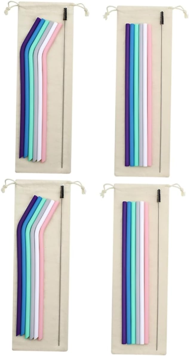SOLUSTRE 4sets Bendable Silicone Straws Reusable Drinking Straws Curved Straight for Smoothies Milk Tea Yogurt
