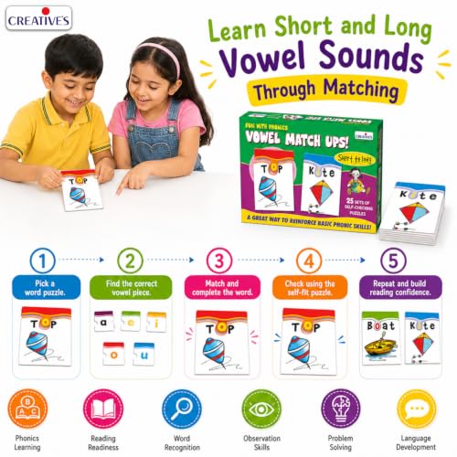 Image of Creative's Fun with Phonics Vowel Match-Ups for Kids Ages 4+ Years, 25 Two-Piece Puzzles, Short & Long Vowel Sounds, Spelling, Phonics Reading & Word Building Game
