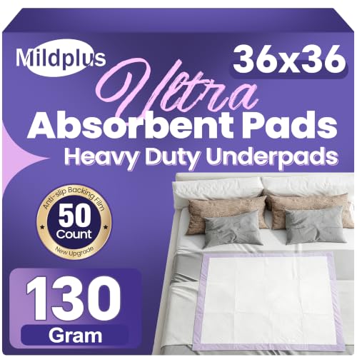 Image of MILDPLUS 130 Grams Heavy Duty Bed Pads 36''x36'', 50 Count Disposable Underpads with Anti-Slip Film, Extra Large Chucks Pads, 3XL Thicker Incontinence Pads for Adults, Kids or Pet (Purple)