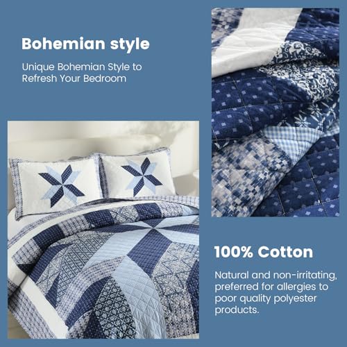 Secgo Handmade Quilted 100% Cotton Queen Comforter Set for Bed - 100% Cotton Quilts Queen Size, Black Bedspreads (90 * 98 Inch) with 2 Pillow Shams, Patchwork Reversible Lightweight Bedding