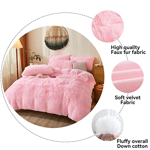 Soft Faux Fur Pink Comforter ，Down Alternative Fur Comforter 3Pcs Set（1 Plush Comforter +2 Furry Pillow Cases Luxury Modern All Season Microfiber Fill Duvet Insert Bedding (Pink , Queen) #TOP3
