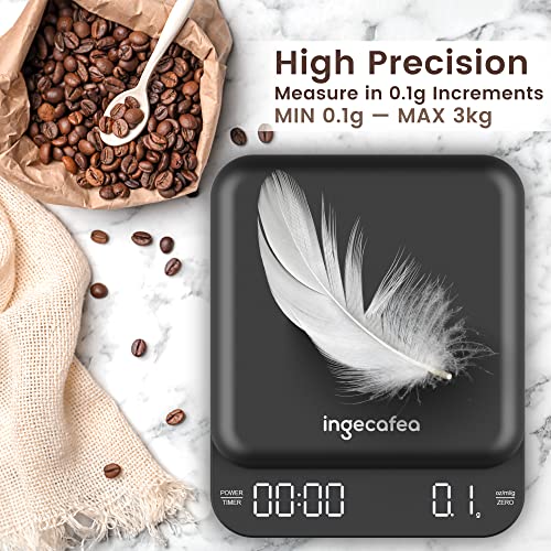 Digital Coffee Scale With Timer, Ingecafea Espresso Coffee Scale With Timer Coffee Weight Scale 3Kg/0.1G Rechargeable Pour Over Coffee Scale Measures For G/Oz/Ml High Precision #TOP2