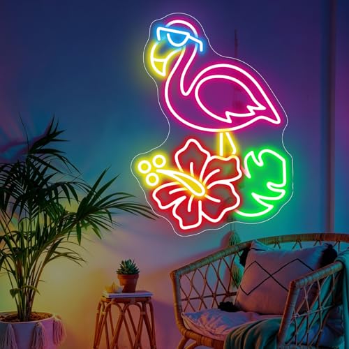 Flamingo Hibiscus Palm Leaf Neon Sign, Tropical LED Neon Sign Wall Decor by DUOLIYBC - Used condition - Image 3
