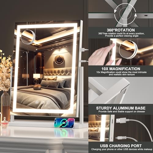 Hasipu Professional Large Vanity Mirror with Lights, 17"x22" Vertical LED Makeup Mirror with 10X Magnification, Smart Touch Control Dimmable 3 Modes Light 360°Rotation for Dresser by Hasipu - Used condition - Image 2
