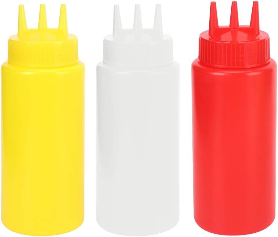 3 Pack 3 Hole Squeeze Condiment Bottles with Lids for Salad Dressing Sauces Ketchup Premium Plastic Ergonomic Grip 16oz 7x20cm Yellow White Red