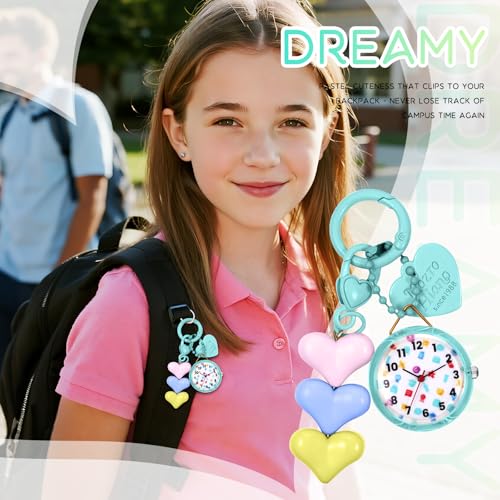 JewelryWe Karabineruhr Kinder Taschenuhr mit Karabiner: Grün Analog Quarz Uhr mit Herz Anhänger Schlüsselanhänger Outdoor Sport Clip auf Uhr für Mädchen Jugendliche und Studenten