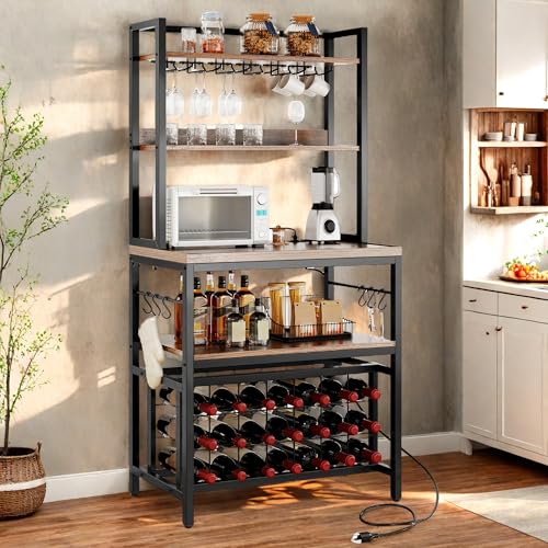 DWVO Large Bakers Rack with Power Outlets and Wine Rack, 5-Tier Microwave Stand with Glasses Holder, Coffee Bar Kitchen Storage Shelf with 6 Hooks, for Kitchen, Living Room, Office, Rustic Brown