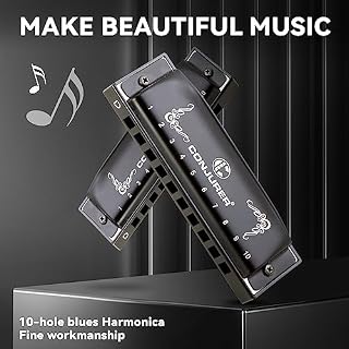 CONJURER Blues Harmonica for Beginners Adult Professional 10 Hole Diatonic Harmonica in D Key Phosphor Bronze Reeds Mouth Organ Metal with Case, Key of D Matte Black – Image 2