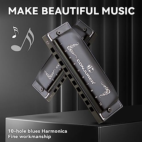 CONJURER Blues Harmonica for Beginners Adult Professional 10 Hole Diatonic Harmonica in D Key Phosphor Bronze Reeds Mouth Organ Metal with Case, Key of D Matte Black - Les Beatles, Paul McCartney, John Lennon, RIngo Starr, George Harrison CONJURER Blues Harmonica for Beginners Adult Professional 10 Hole Diatonic Harmonica in D Key Phosphor Bronze Reeds Mouth Organ Metal with Case, Key of D Matte Black – Image 3