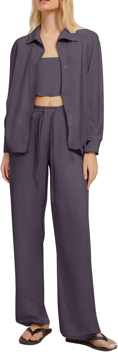 HGps8w Women's Shiny 3 Piece Outfits Casual 2025 Summer Long Sleeve Button Down Shirt Crop Top Wide Leg Pants Lounge Sets
