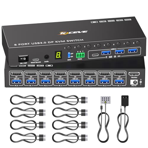 Conmutador KVM de 8 puertos Displayport 4K a 60Hz EDID, interruptor KVM USB 3.0 DP para 8 computadoras Comparte 1 monitor y 4 dispositivos USB, conmutadores KVM con audio RS232 remoto con cable de