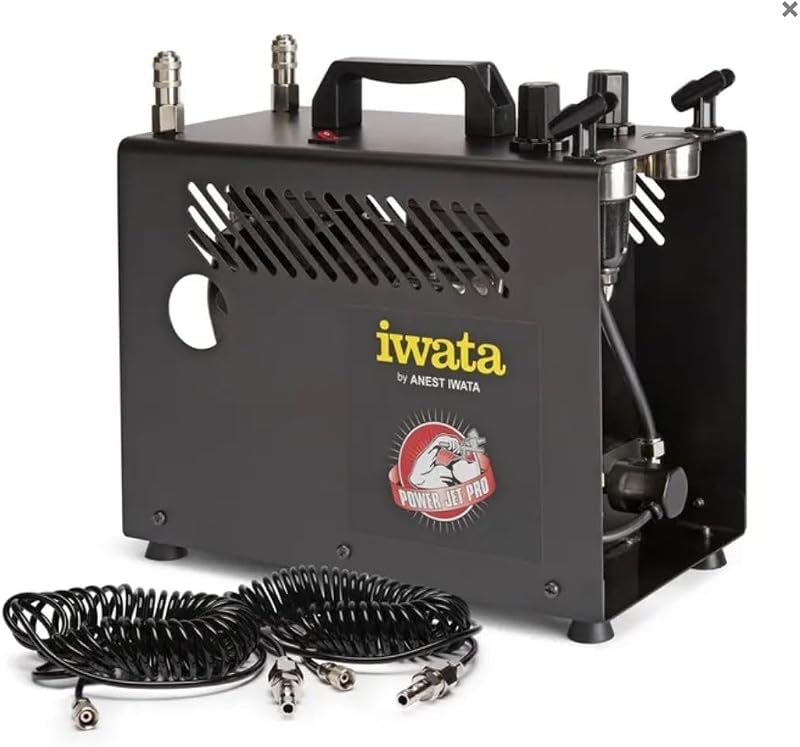 Compresor de aerógrafo dual Iwata Power Jet Pro con tanque de aire de 2 litros, reguladores duales, tecnología de apagado automático, salida ajustable de 1-50 PSI, incluye mangueras y adaptadores de aerógrafo. 110-120V 60Hz