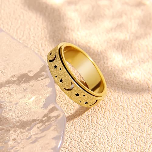 AmorArtSky Anxiety Ring for Women Men, Titanium Stainless Steel Spinner Ring, 5 Colors, 6MM, Size 6-10, 3 Styles Anxiety Ring-Moon Star, Sandblasted Finished, Hollow Outer - Image 6