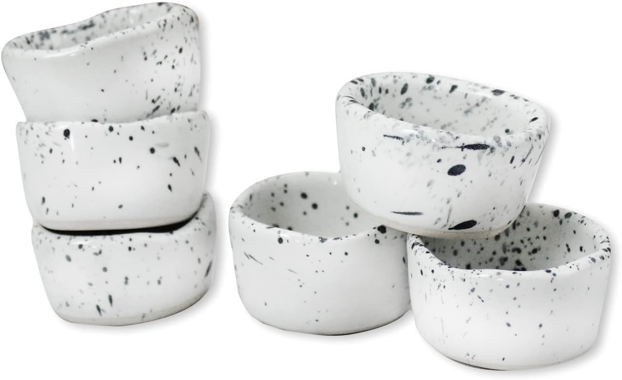 roro Ceramic Stoneware Mini Pinch Bowls Set of 6, Hand-Molded Artisanal Glossy Speckled White, Salt Pepper Spices and Seasoning - Cute and Elegant Kitchen Addition