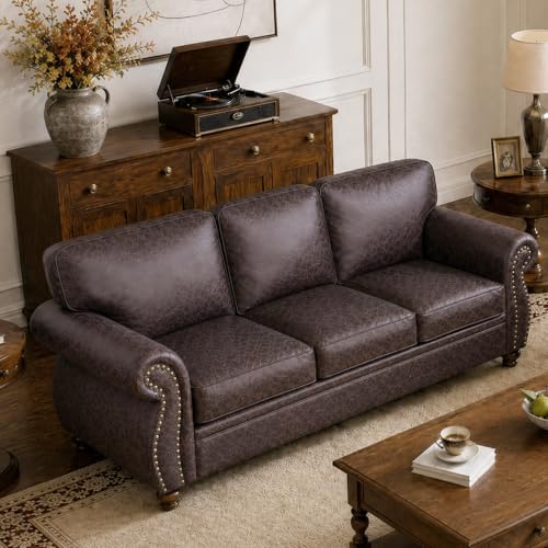 Image of Couchus 88 inch W 3-Seater Sofa Couch, Faux Leather Fabric Sofas, Brown
