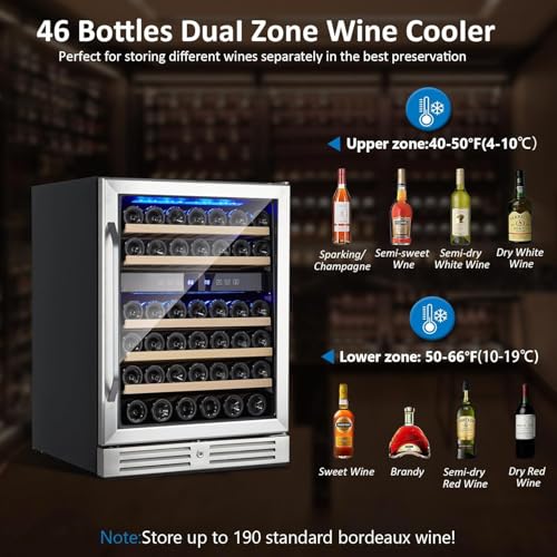 Image of GarveeTech 46 Bottle Built-in Wine Cooler, 24 Inch Single Zone Dual Temp Metal Wine Fridge, Under Counter or Standalone, Touch Control, Quiet, for Red White Champagne, Black