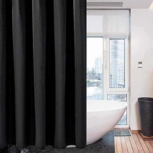 Waffle Weave Shower Curtain With Stainless Steel Hooks - 230 Gsm Heavy Duty Fabric Bath Curtains, Hotel Luxury Quality, Water Resistant, Machine Washable, Weighted Hem, 72 X 72 Inches (Black) #TOP1