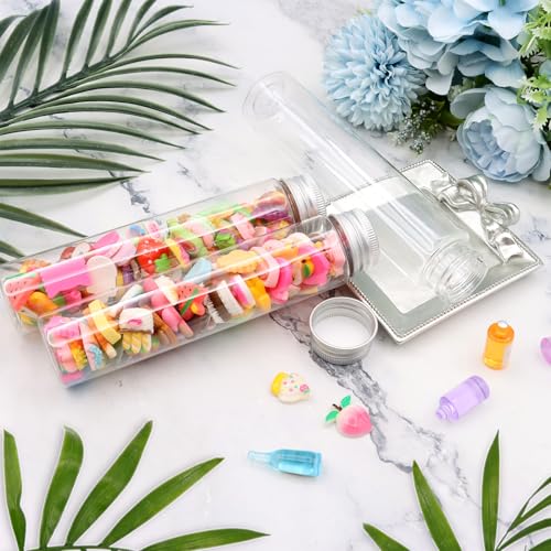 VEGCOO 12Pcs Tubes à Essai Plastique, Bouteille Sensorielle, 110 ML Tube Plastique Transparent avec Bouchon à Vis, Étiquette et Brosse de Nettoyage, pour Bonbons, Fleurs, Épices (110ML/12Pcs) – vue 7