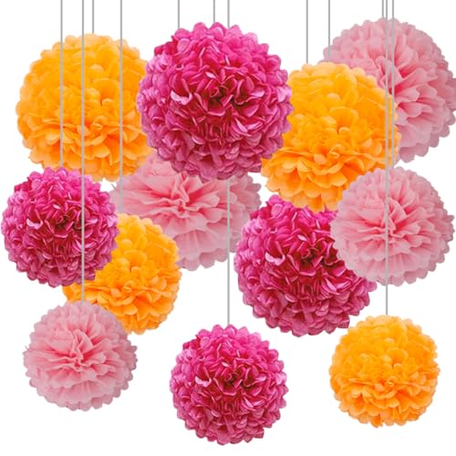 CC wonderland zone Lot de 12 Pompons Papier de Soie Rose et Orange pour Décoration Suspendre de Plafond de Fête(Rose Rouge,Rose et Orange)