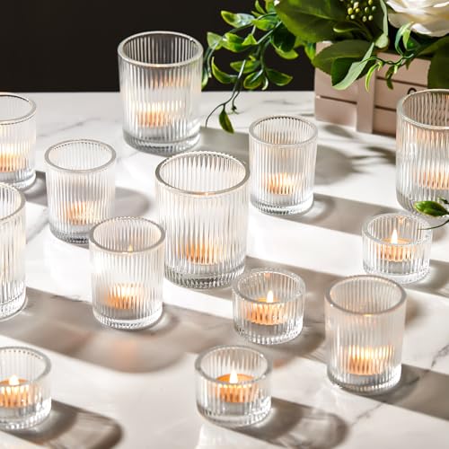Mumufy 24 Pcs Assorted Votive Candle Holders Ribbed Glass Tealight Candle Holder Bulk for Table Centerpiece Baby Shower Home and Wedding Party Decoration (Clear)