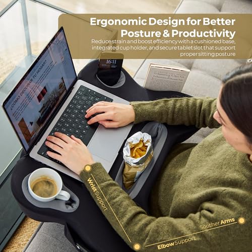 Image of TabCouchCaddy Multifunctional Lap Desk Pillow - Oversized Memory Foam Couch Desk with Cup Holder, Phone Slot & Storage Pockets | Fits Laptops up to 14 inch | Work, Game & Read (Black)