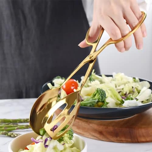 2 Pack Gold Serving Tongs Buffet for Kitchen Cooking 10 Inch Stainless Steel Salad Tongs Serving Utensils for Wedding Party Catering (Gold)