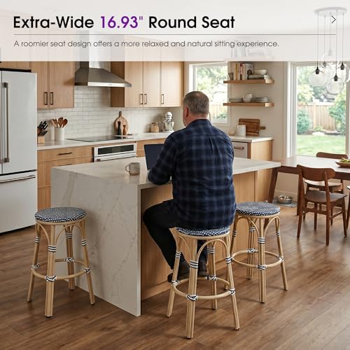 Image of PURPLE LEAF Outdoor French Round 30 inch Bar Stool Set of 2 Large Handwoven Wicker Backless Barstool White Print Aluminum Frame for Patio Kitchen Island Pool Bistro Rattan Chairs Deep Blue